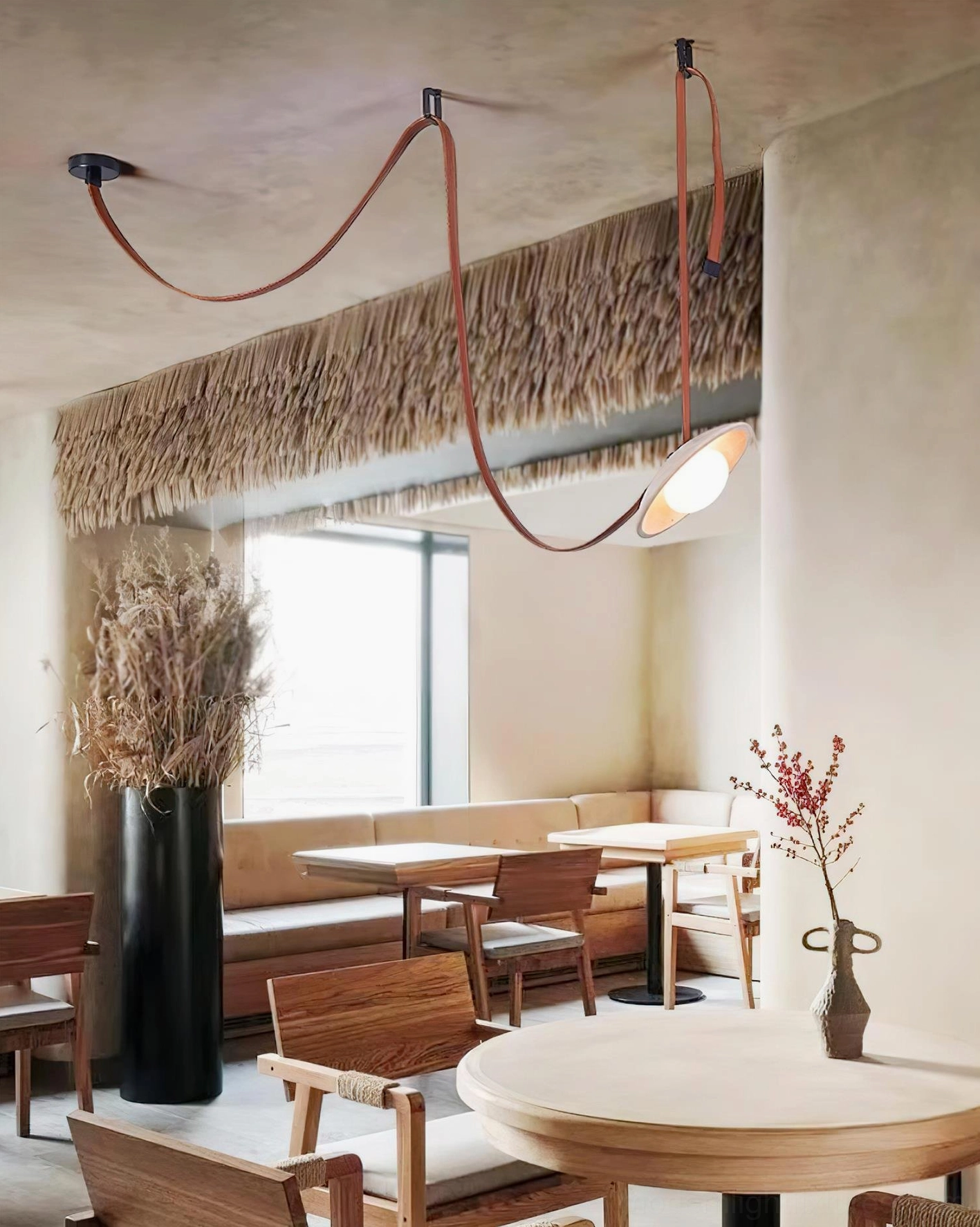 Contemporary multi-head travertine pendant light fixture with brown leather cords and glowing disc heads
