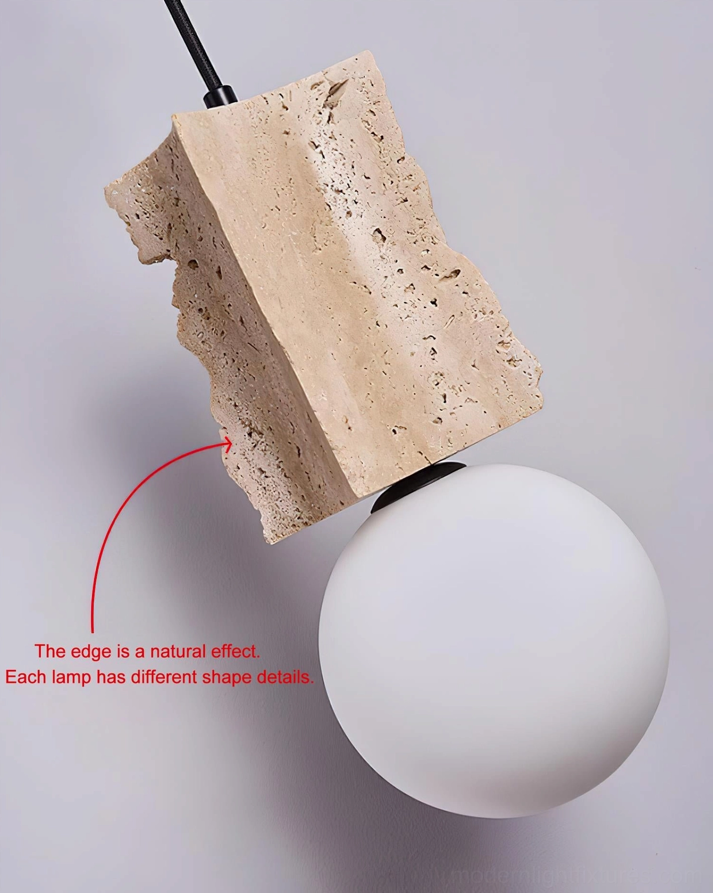 Multiple travertine globe pendants displayed together showing design consistency and individual material variation authenticity