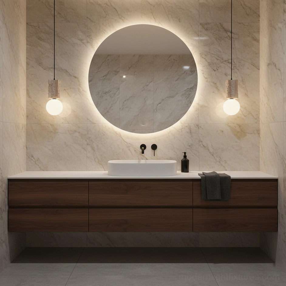 Pair of travertine pendant lamps illuminating bathroom vanity mirror area with warm light and natural stone aesthetic