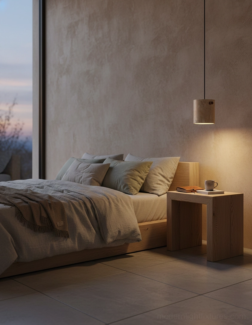 Travertine pendant lamp showcasing raw material beauty with minimalist black cord suspension system