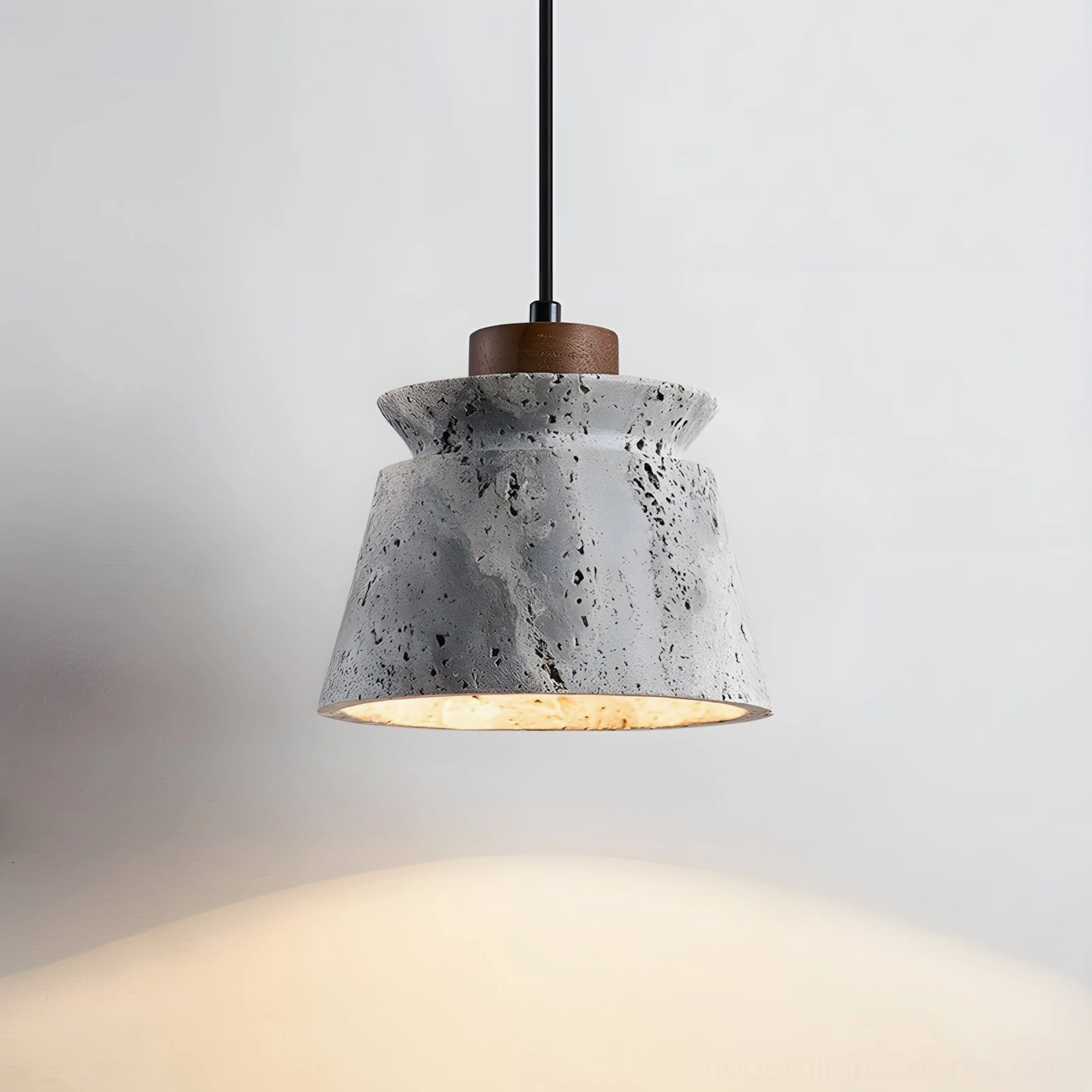 Travertine pendant light single head fixture detail showing natural stone pores and walnut wood accent ring