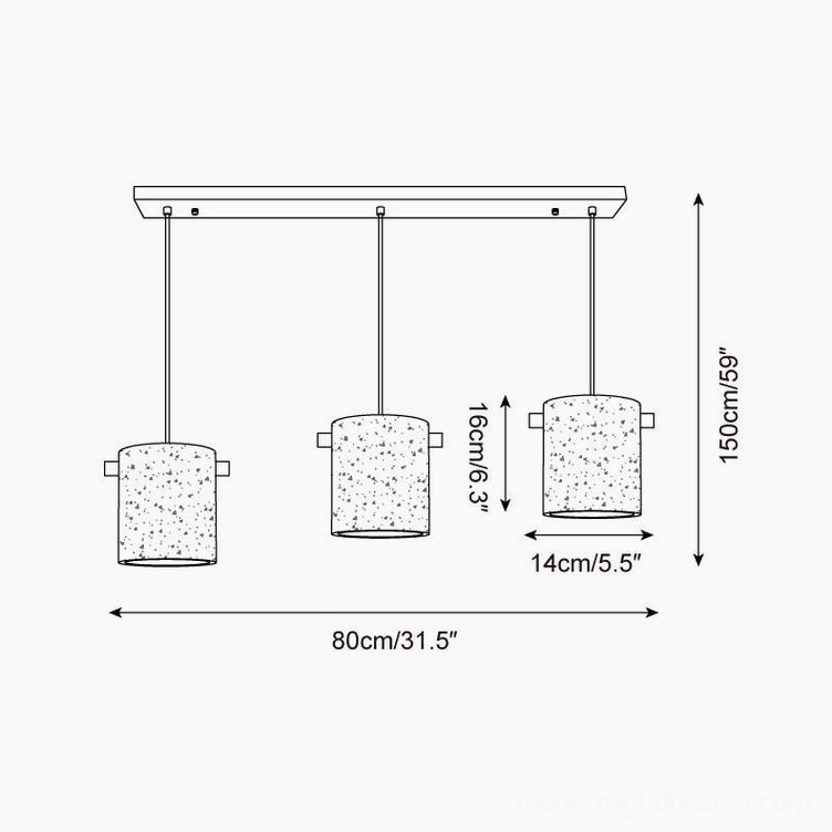 Three-head travertine pendant light installation diagram showing rail length 80cm maximum height 150cm specs