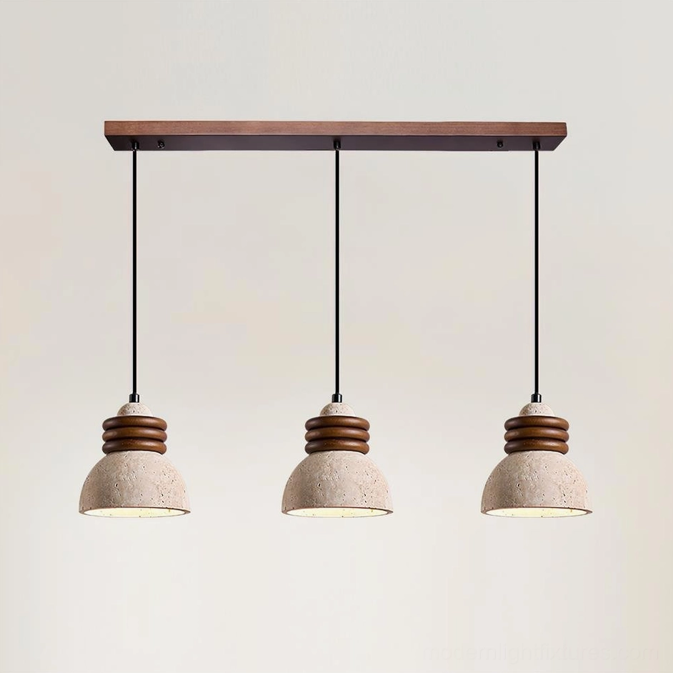 Three-head travertine pendant fixture large format showing 80cm length linear design for spacious kitchen islands and dining areas