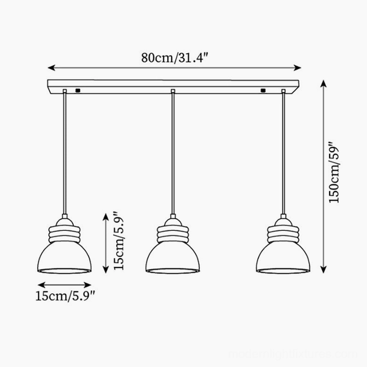 Triple-head linear travertine pendant fixture technical line drawing, top-down schematic with 80cm length and 59 inch height specifications