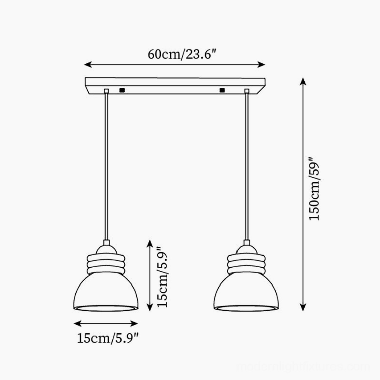 Dual-head linear travertine pendant fixture technical drawing, top-down view showing 60cm length and 150cm total hanging height