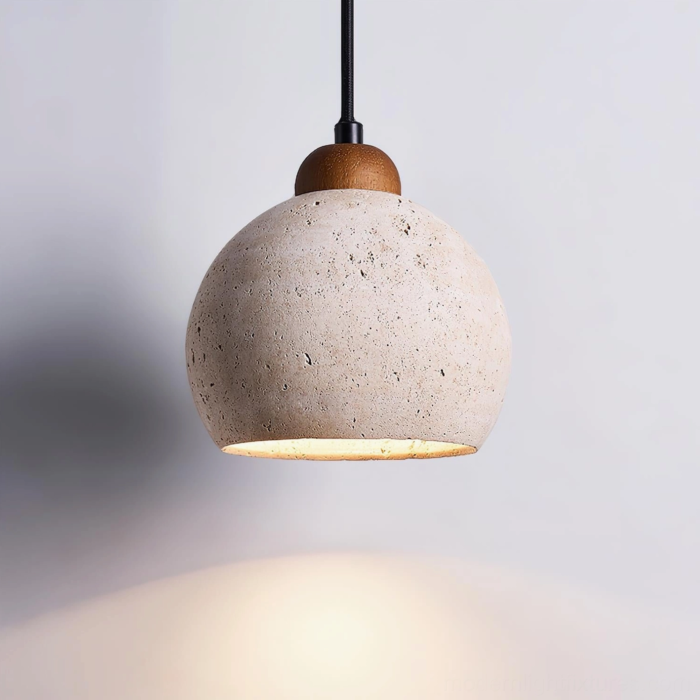 travertine dome pendant with walnut wood cap black cord contemporary lighting