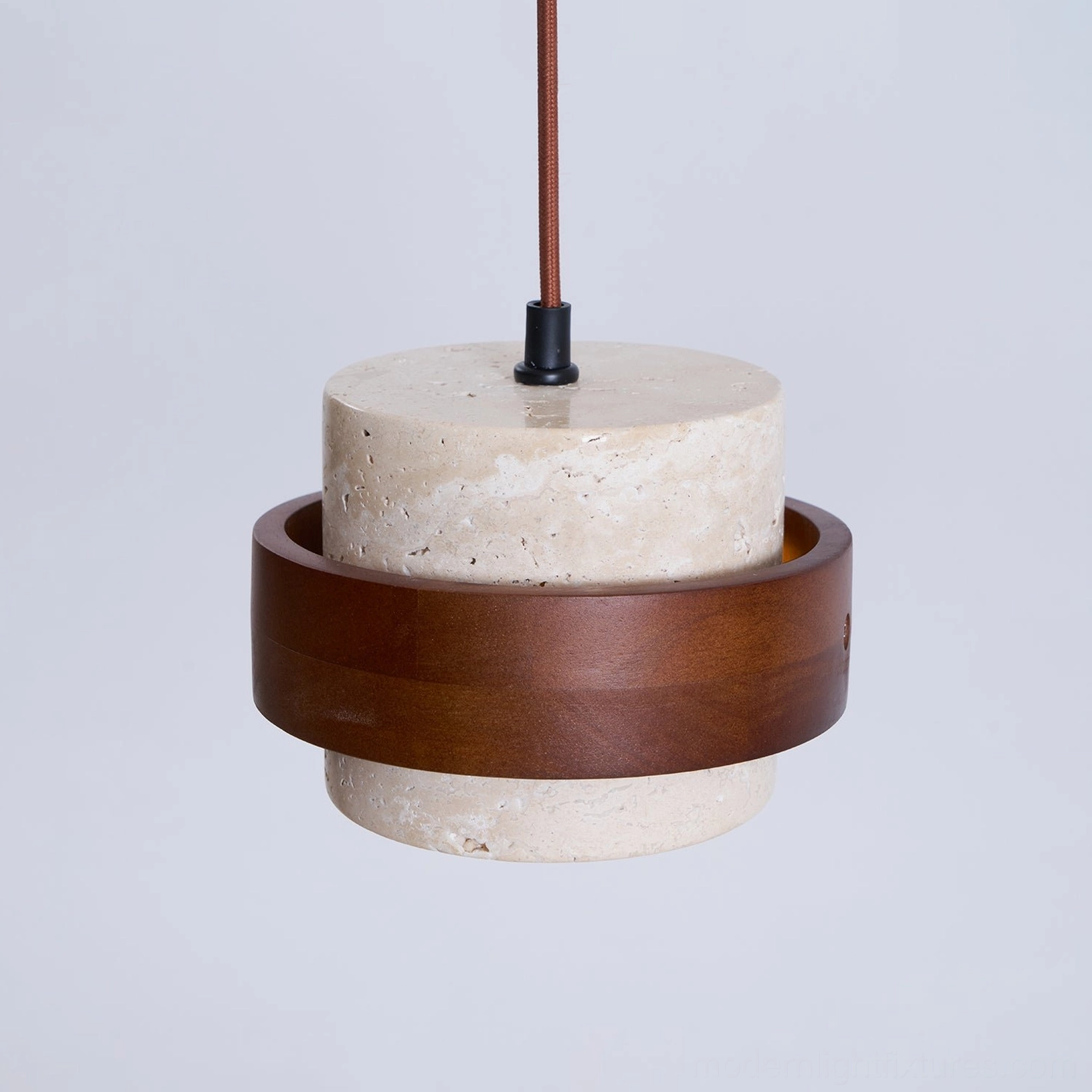 Travertine stone pendant light close-up photography of walnut wood band frame detail with stone interface