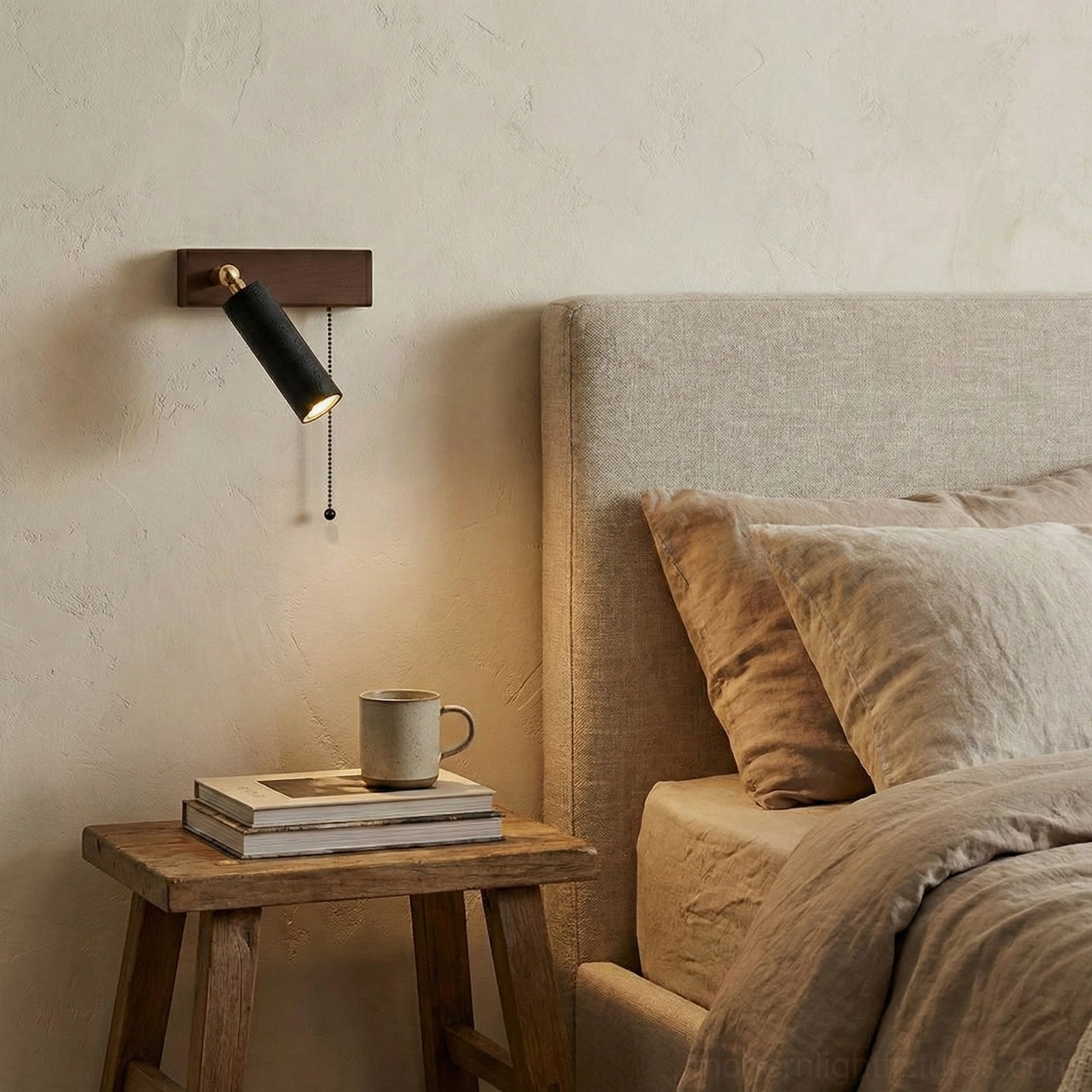 Travertine pull chain wall sconce – modern minimalist bedside lamp with natural stone texture