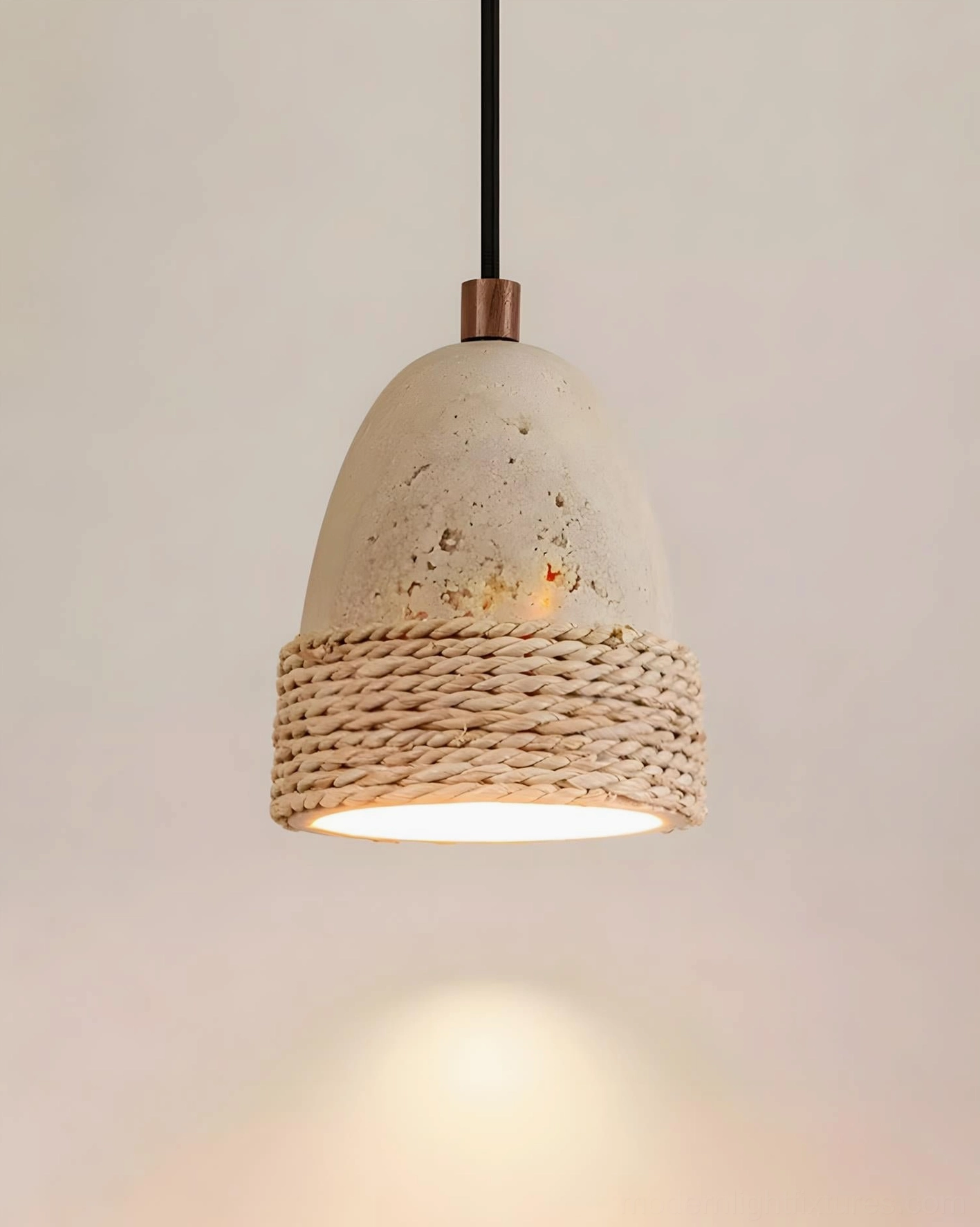 Single Baskra travertine rattan pendant light full product view in neutral studio setting