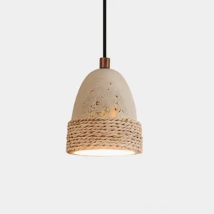 Baskra travertine rattan pendant light close-up front view showing textured stone dome and woven fiber band