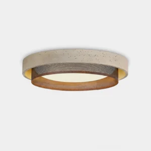 Modern travertine ring flush mount ceiling light with perforated metal band, front view on white background