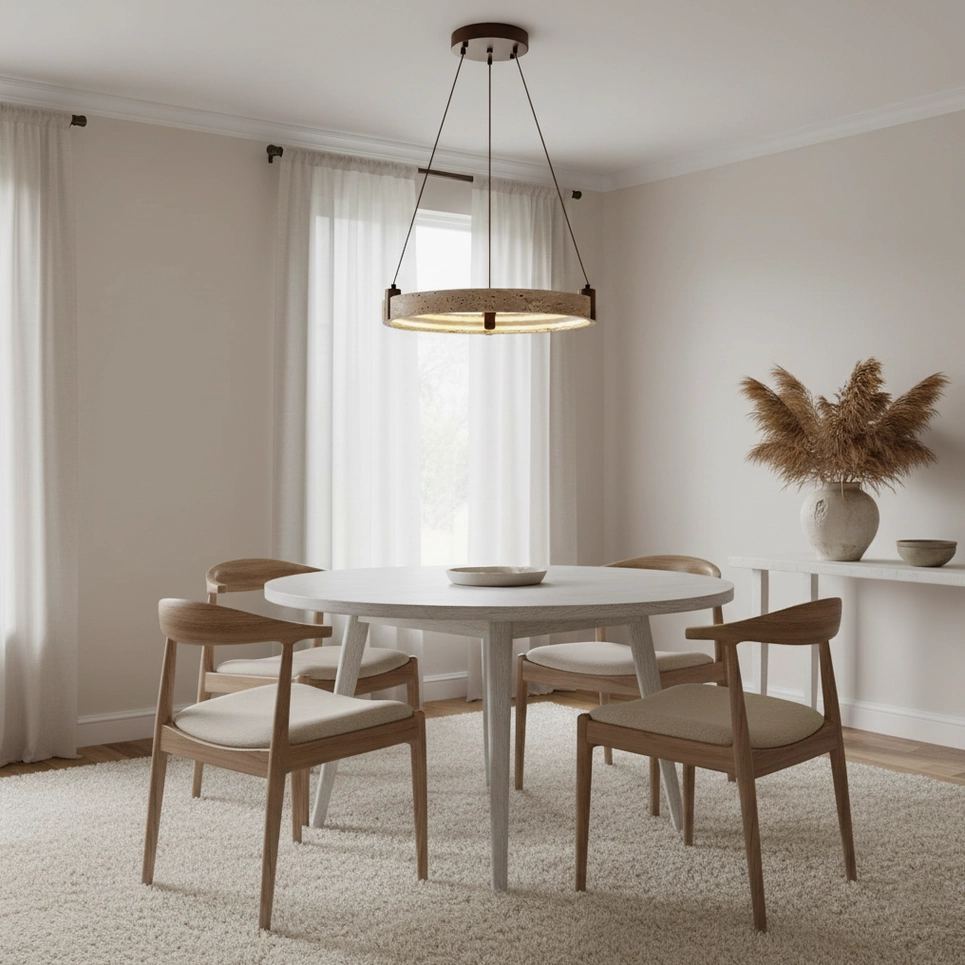 Multi-ring travertine chandelier suspended over modern dining table arrangement