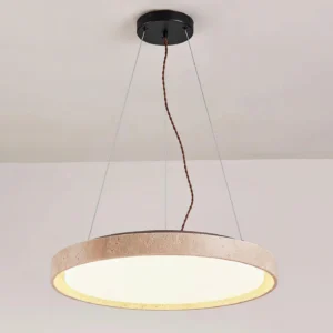 Stonix travertine pendant light overhead view showing circular frame and braided fabric cord - contemporary pendant ceiling lamp