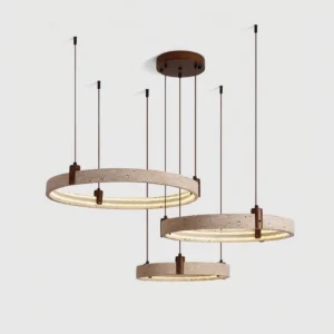 Eclora dual travertine ring chandelier flat view with dark brown mounting hardware