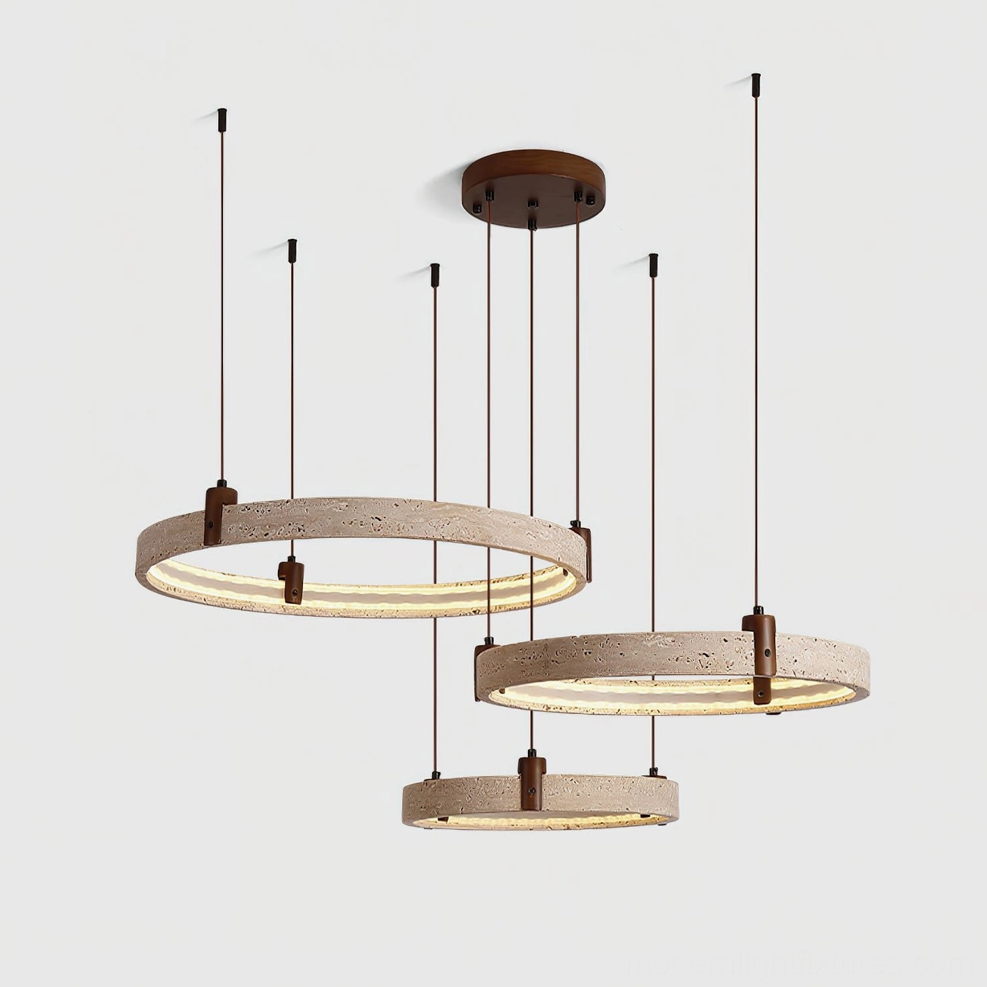Eclora dual travertine ring chandelier flat view with dark brown mounting hardware