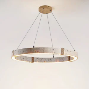 Modern travertine LED ring pendant light viewed from above, showing four suspension cables and natural stone texture details