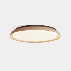 Travertine round flush mount ceiling light front view with frosted acrylic diffuser and natural stone frame