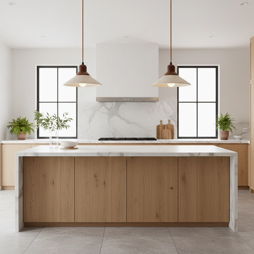 Travertine stone pendant light 25cm wide saucer shade task lighting above work surface