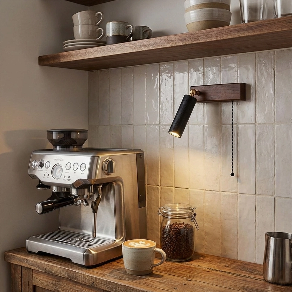 Minimalist travertine pull chain wall sconce with black stone shade mounted above kitchen coffee bar with tiled backsplash