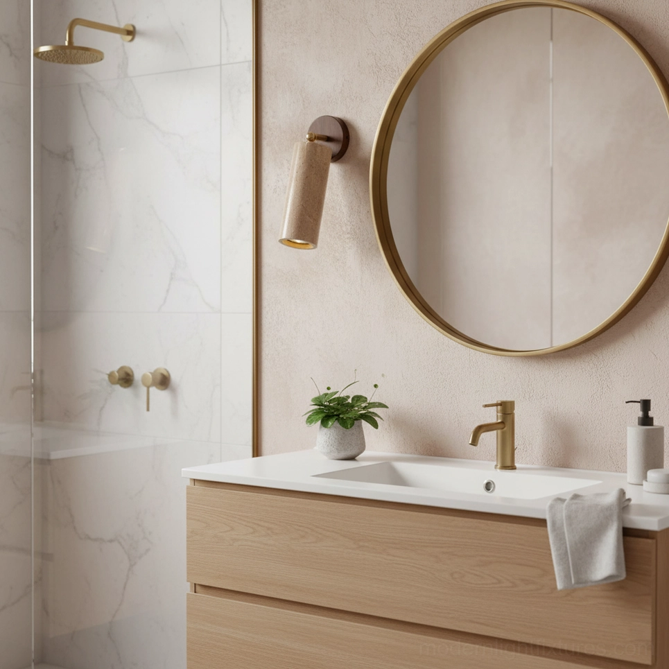 Mireille natural travertine wall sconce side close-up detail showing porous stone texture and brass joint articulation