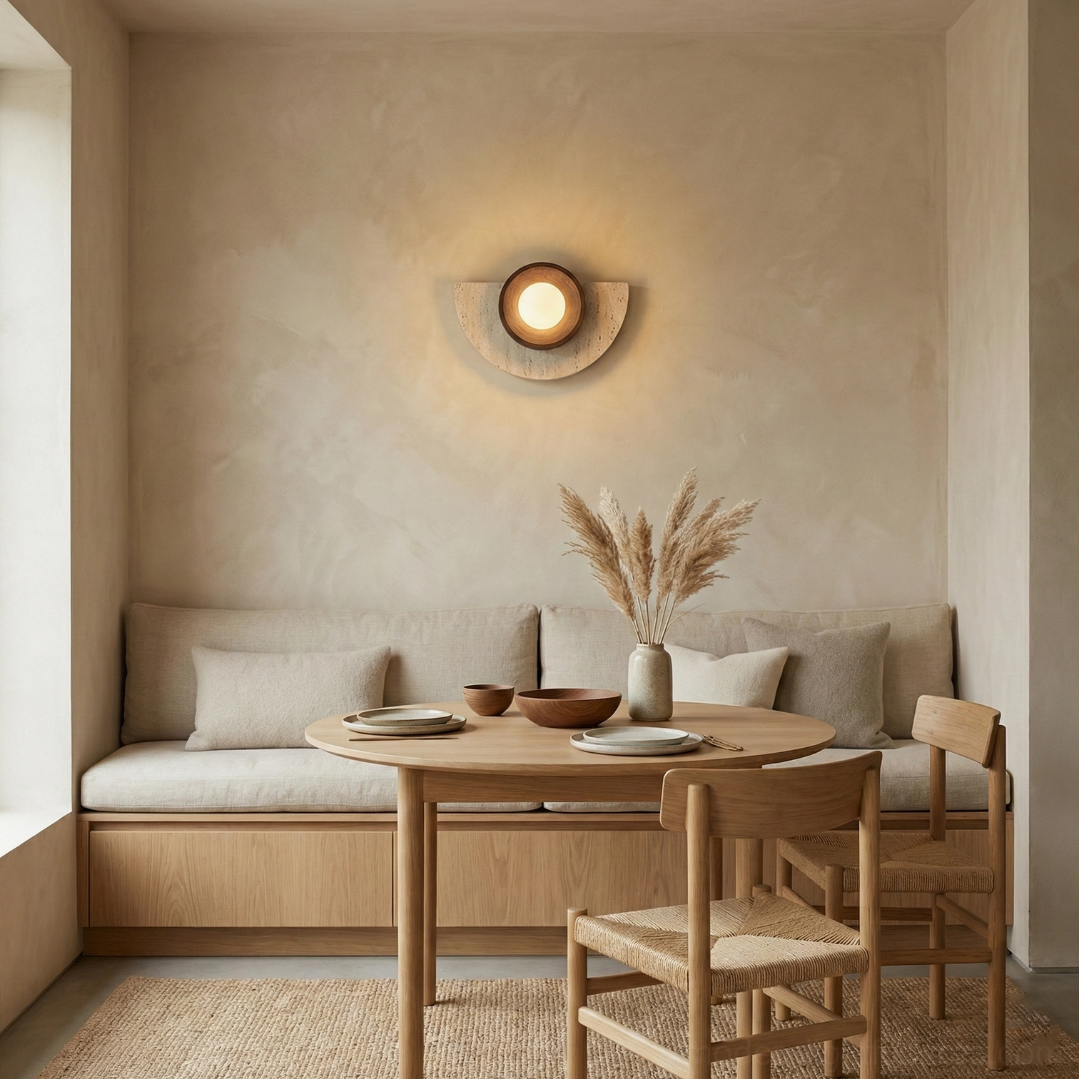 Travertine stone wall sconce providing warm ambient lighting in rustic dining area with earthy neutral color palette