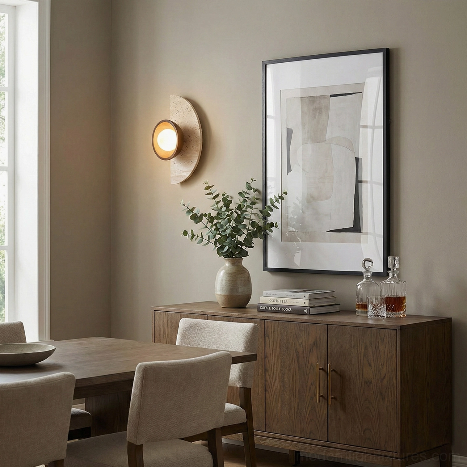 Modern travertine wall sconce above wooden sideboard in dining room paired with potted plants and wall art