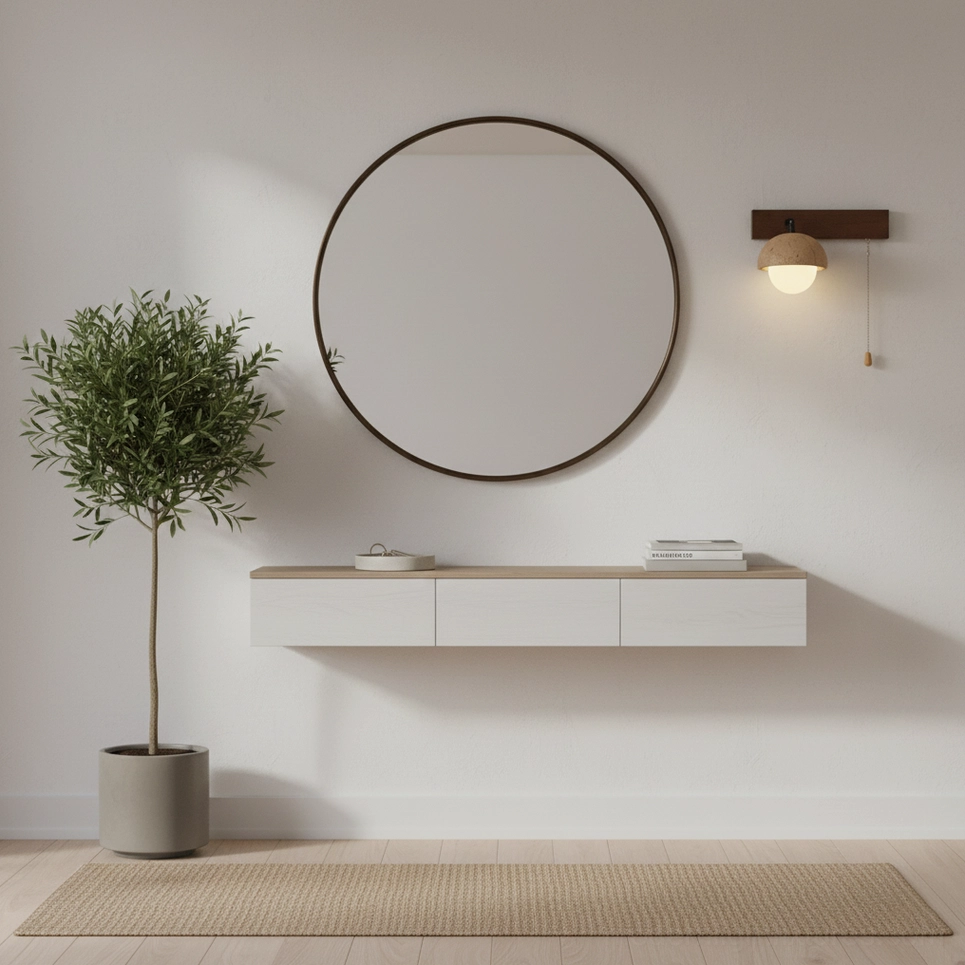 Minimalist entryway wall lamp mounted beside floating shelf and round mirror
