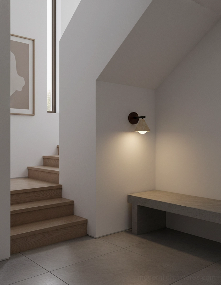 Travertine wall sconce showing light diffusion and ambiance in interior setting