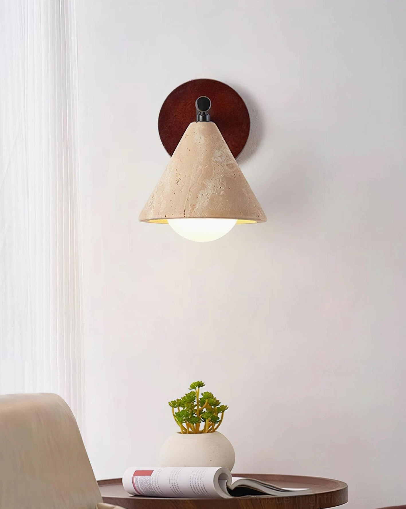 Travertine stone wall sconce contemporary minimalist bedroom lighting solution