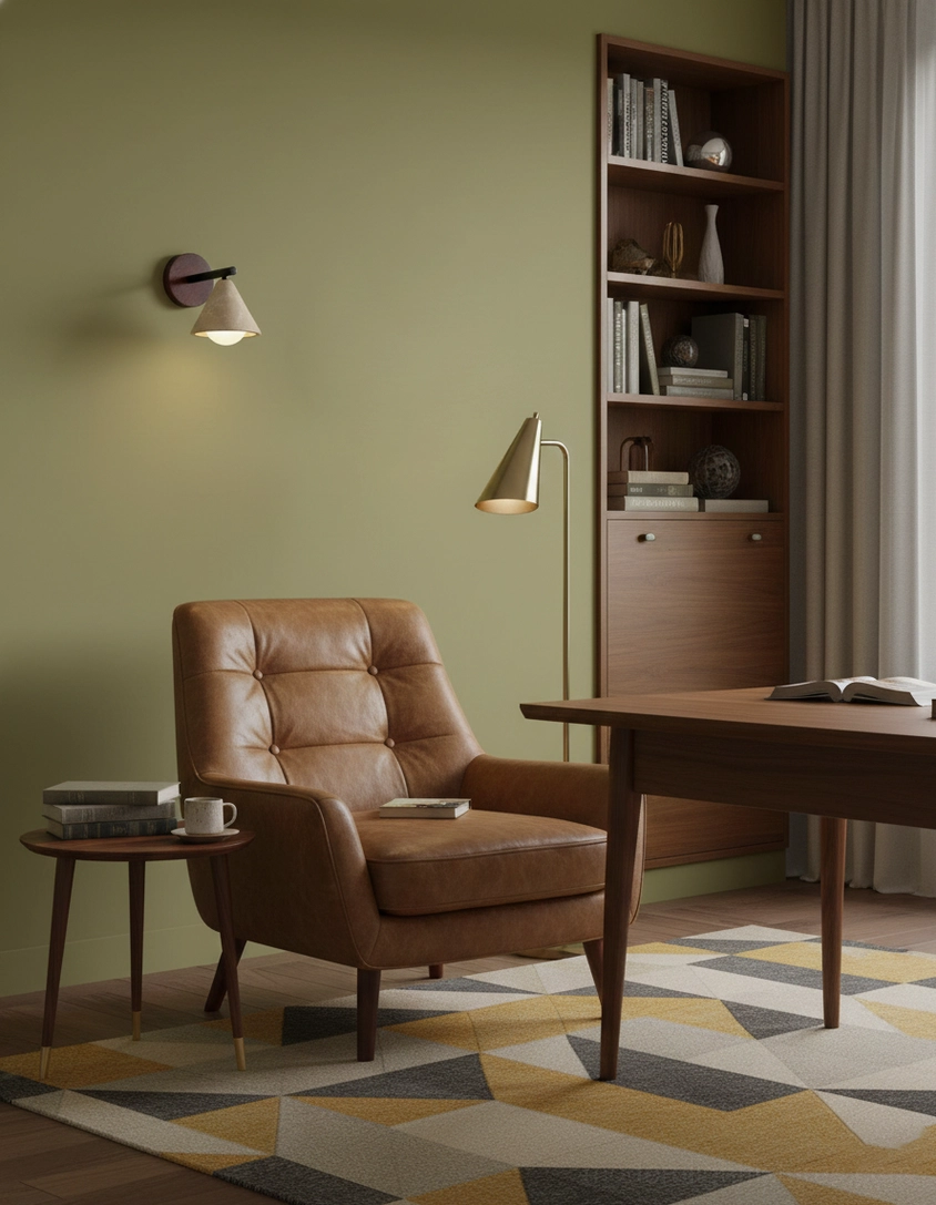 Travertine conical wall sconce mounted on olive green feature wall in home study and relaxation space