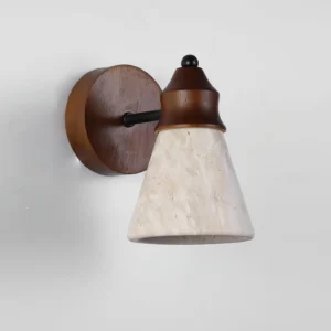 Modern travertine stone wall lamp top detail showing round wooden mount and tapered lampshade