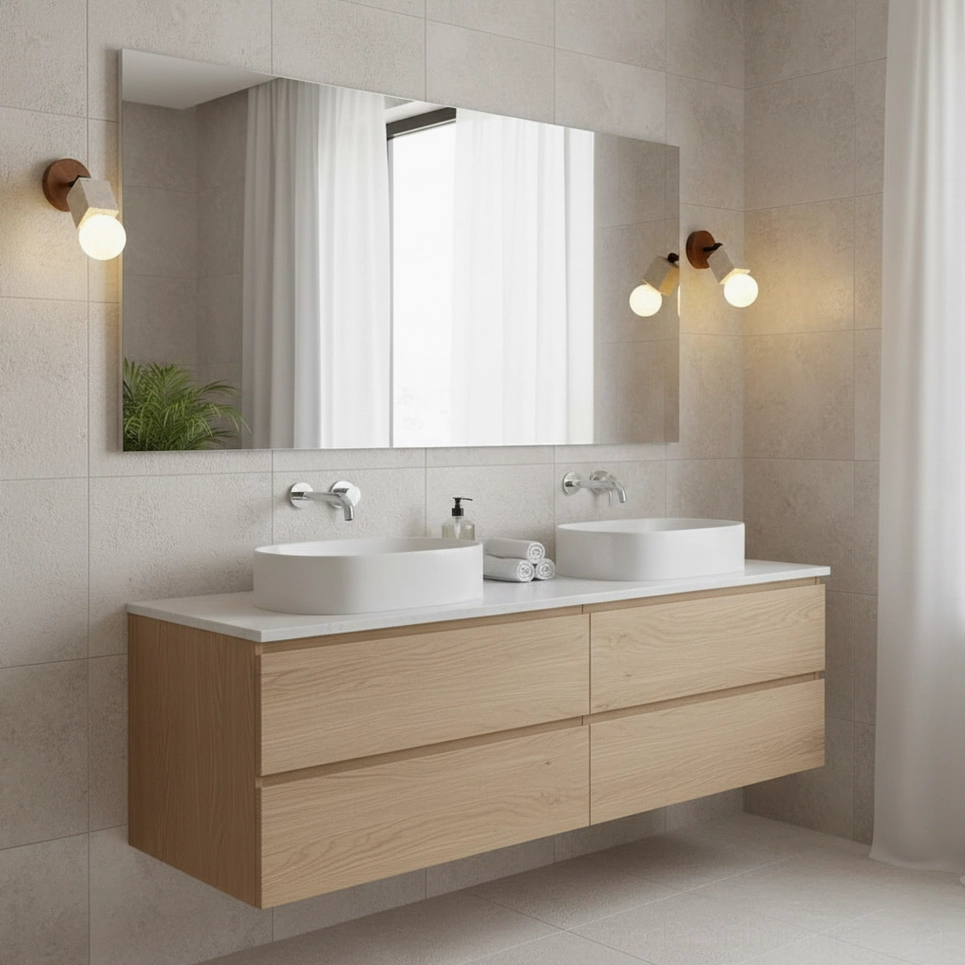 Dual travertine wall sconces flanking bathroom vanity mirror in modern master bathroom