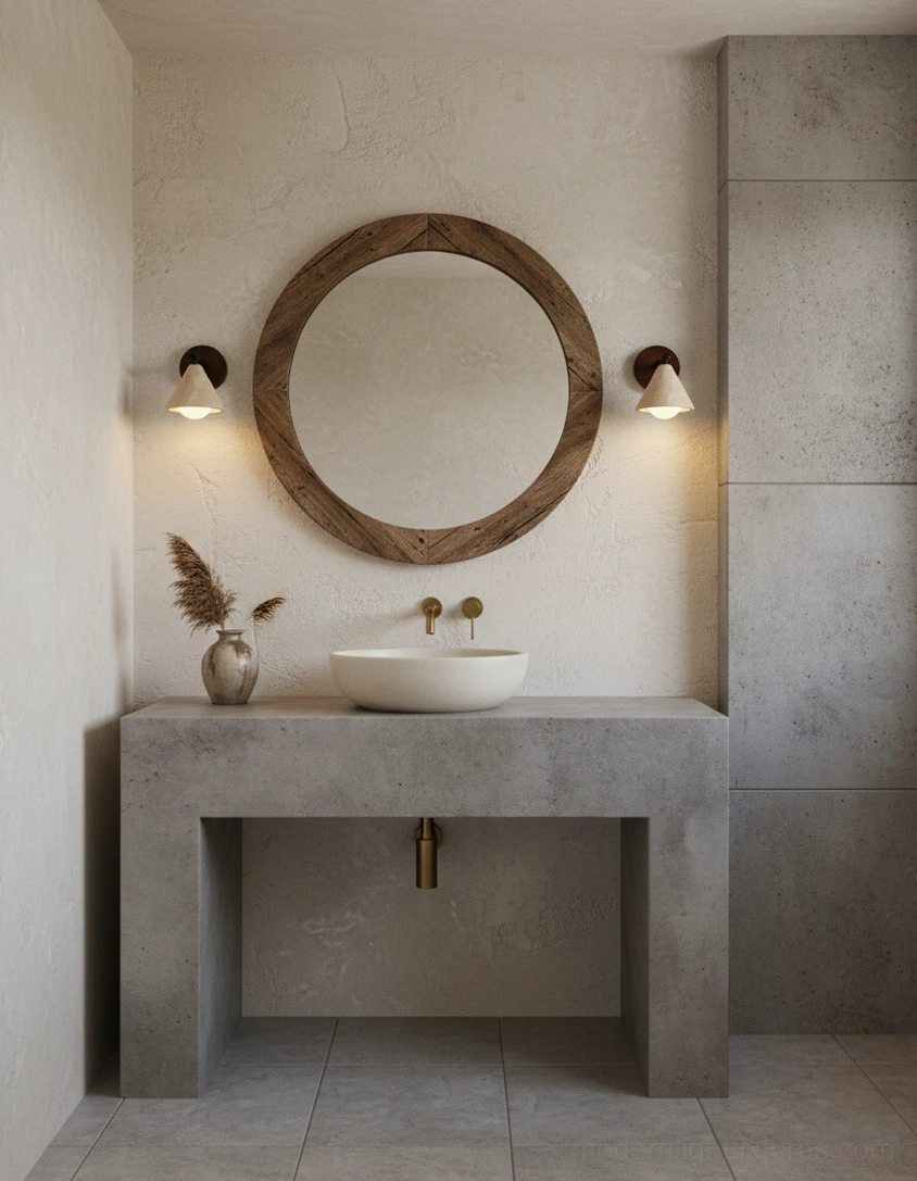 Two travertine conical wall sconces installed on concrete bathroom wall beside round wooden mirror