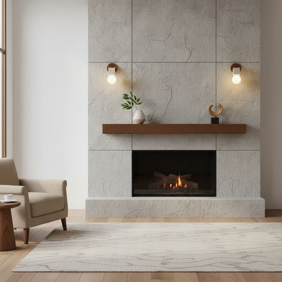 Travertine wall sconces beside fireplace in warm boho-modern living room interior