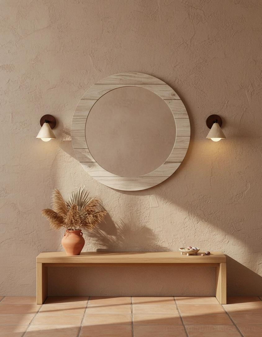 Matching travertine wall sconces beside decorative hollow round mirror in contemporary living corner