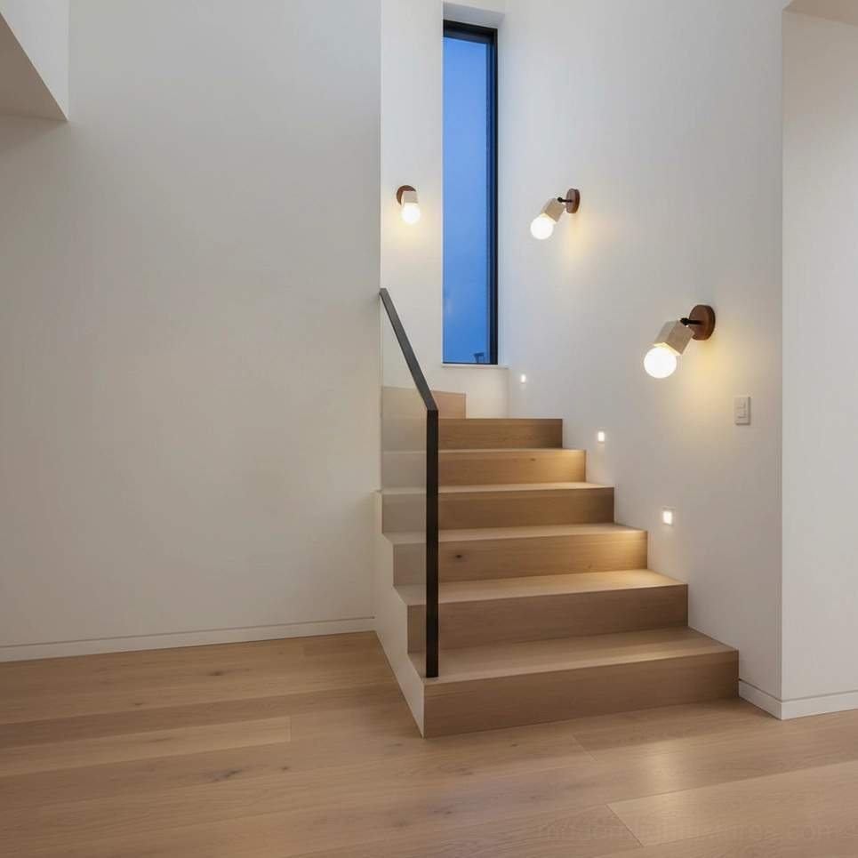 Multiple travertine wall sconces along residential wooden staircase with warm ambient lighting