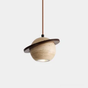 Travertine sphere pendant light with wooden ring, three-quarter front view showing natural stone texture and orbital design element