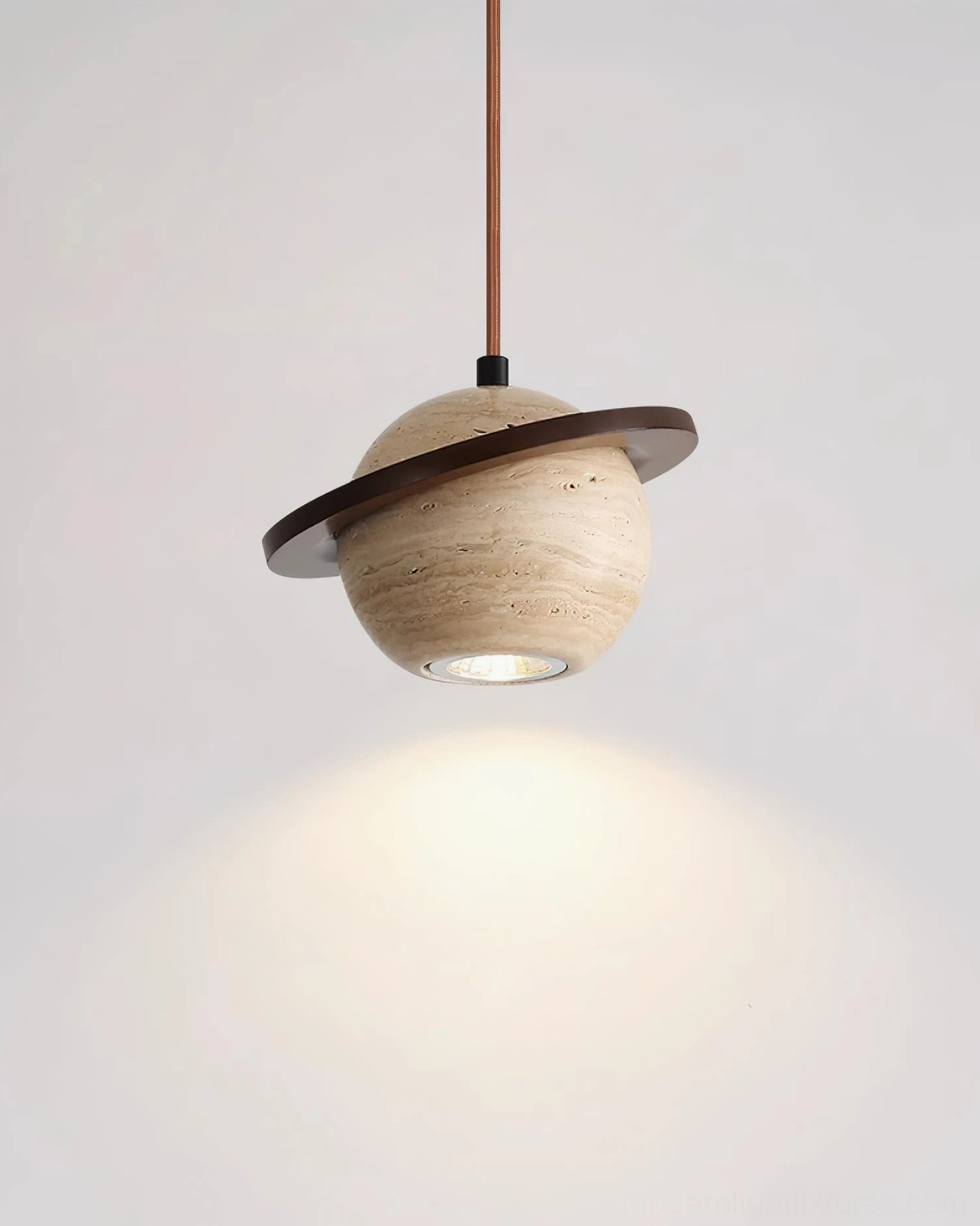 Travertine sphere pendant light installation view, contemporary hanging fixture for modern home design