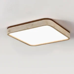 Modern travertine ceiling light with walnut wood frame - three quarter angle view detail