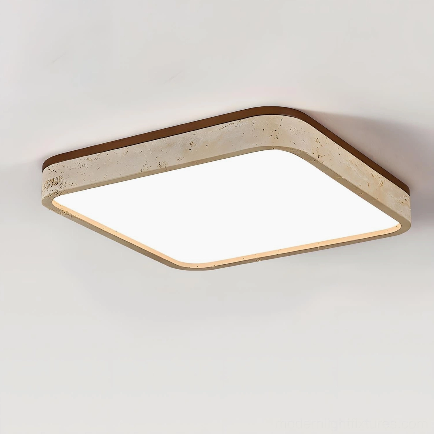 Modern travertine ceiling light with walnut wood frame - three quarter angle view detail