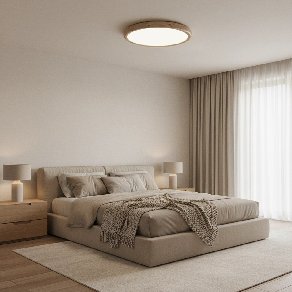 Kleine travertine ceiling light architectural detail warm white LED illumination