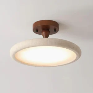 Kelva 40cm large travertine semi-flush ceiling fixture with mounting hardware visible