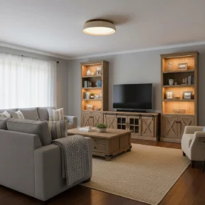Piedra travertine flush mount ceiling light installed in rustic living room with warm wood furniture and neutral decor