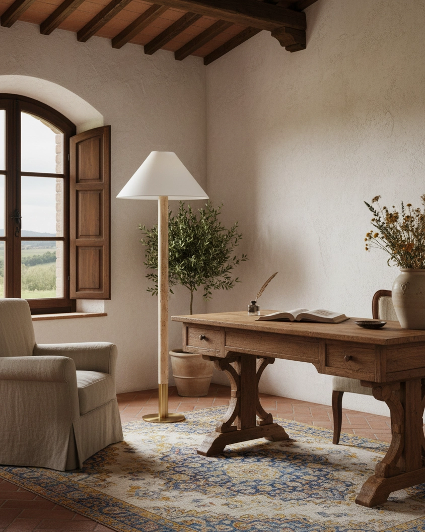 Tapered fabric shade floor lamp with travertine base in vintage home office, paired with wood furnishings and rustic tuscan decor