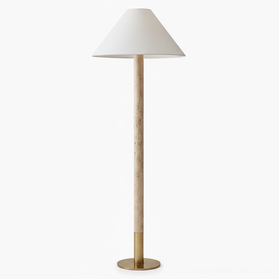 Tapered fabric shade floor lamp with sculptural travertine base isolated on white background, highlighting clean minimalist design and material texture