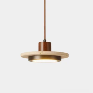 Modern travertine stone LED pendant light with walnut wood accent on white studio background