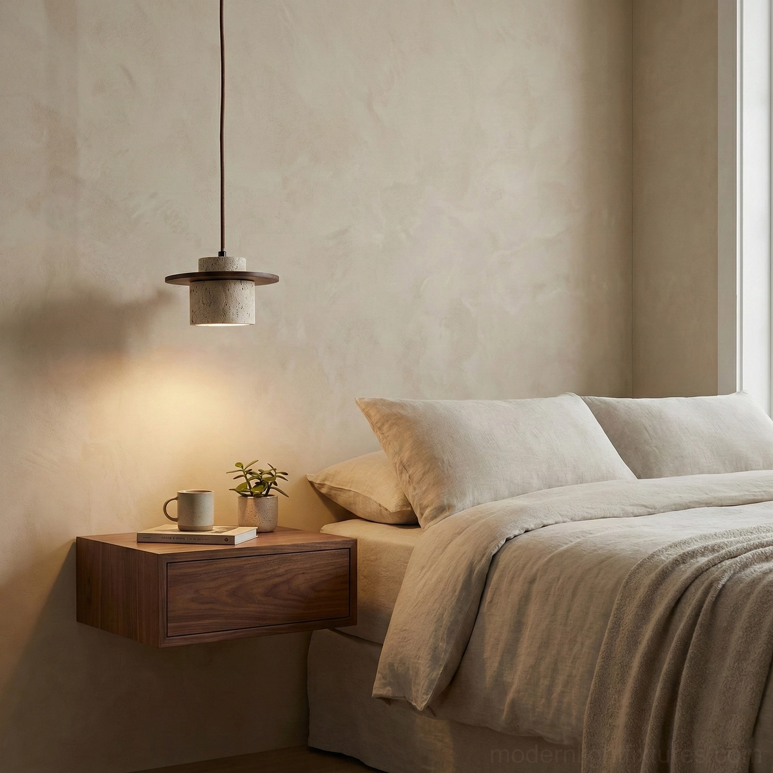Travertine stone pendant light with natural wood finish, architectural detail view of porous stone texture and wood grain