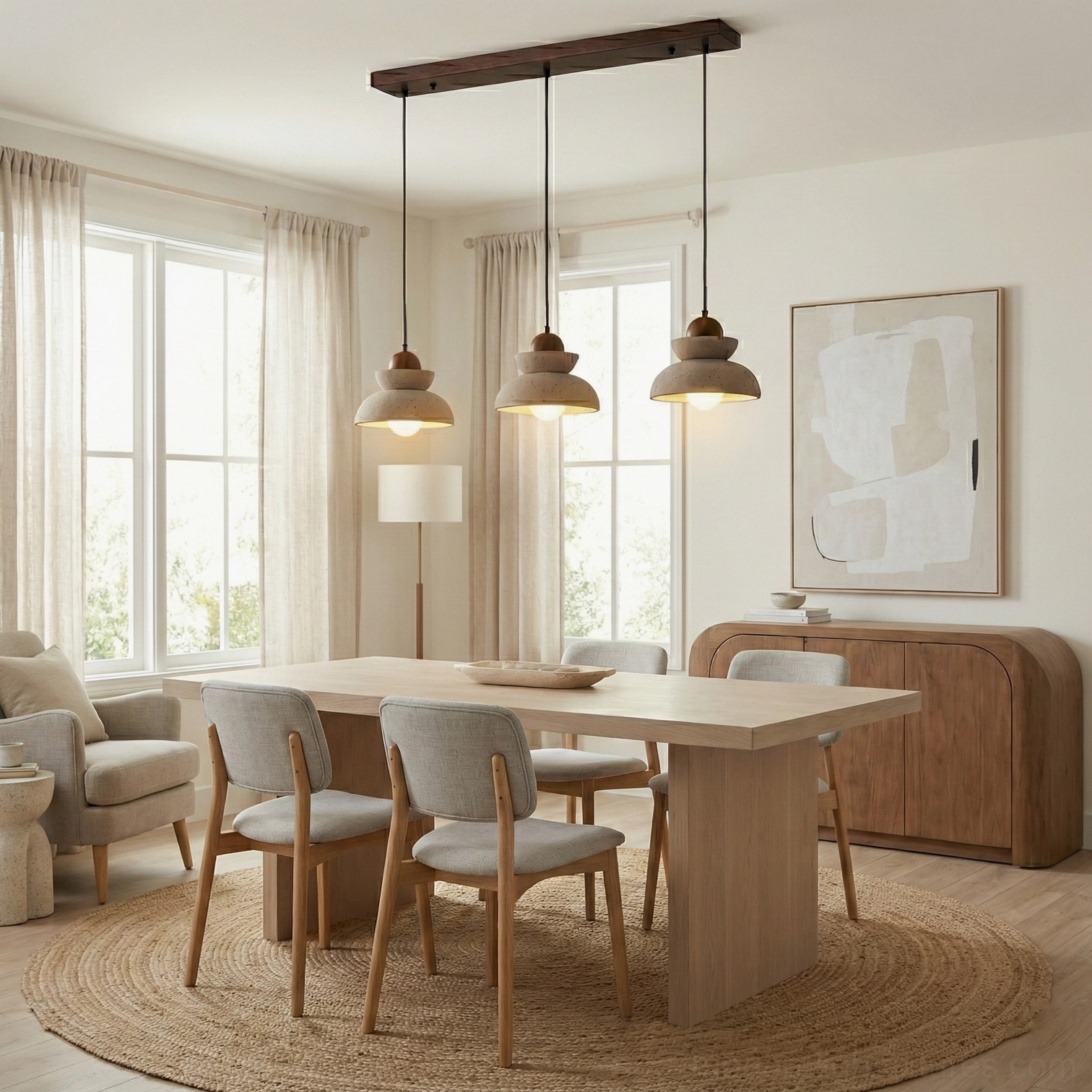 Walnut and travertine modern pendant fixture close up detail showing natural stone texture