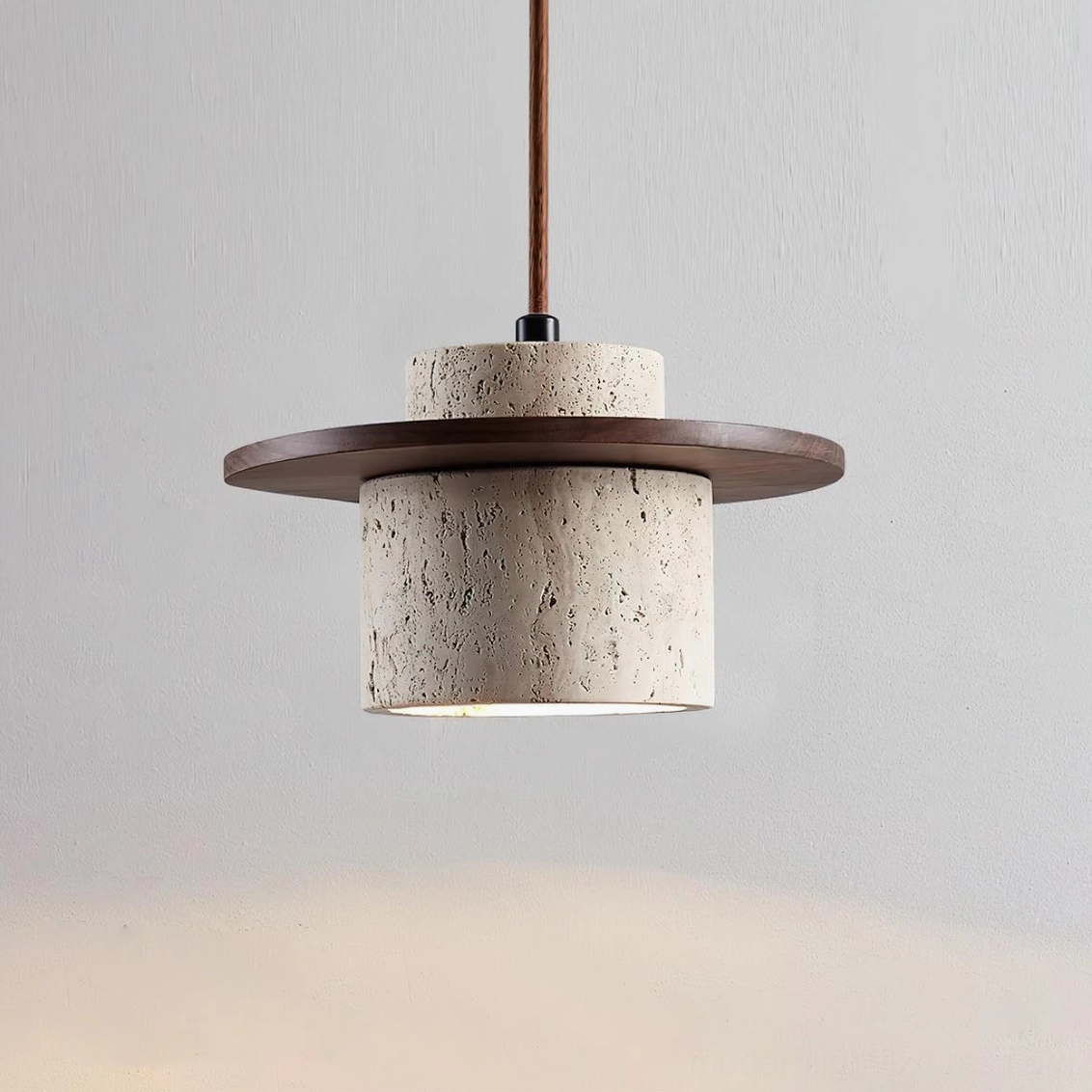 Travertine stone pendant lamp with dual wood discs, architectural pendant light showing natural material craftsmanship