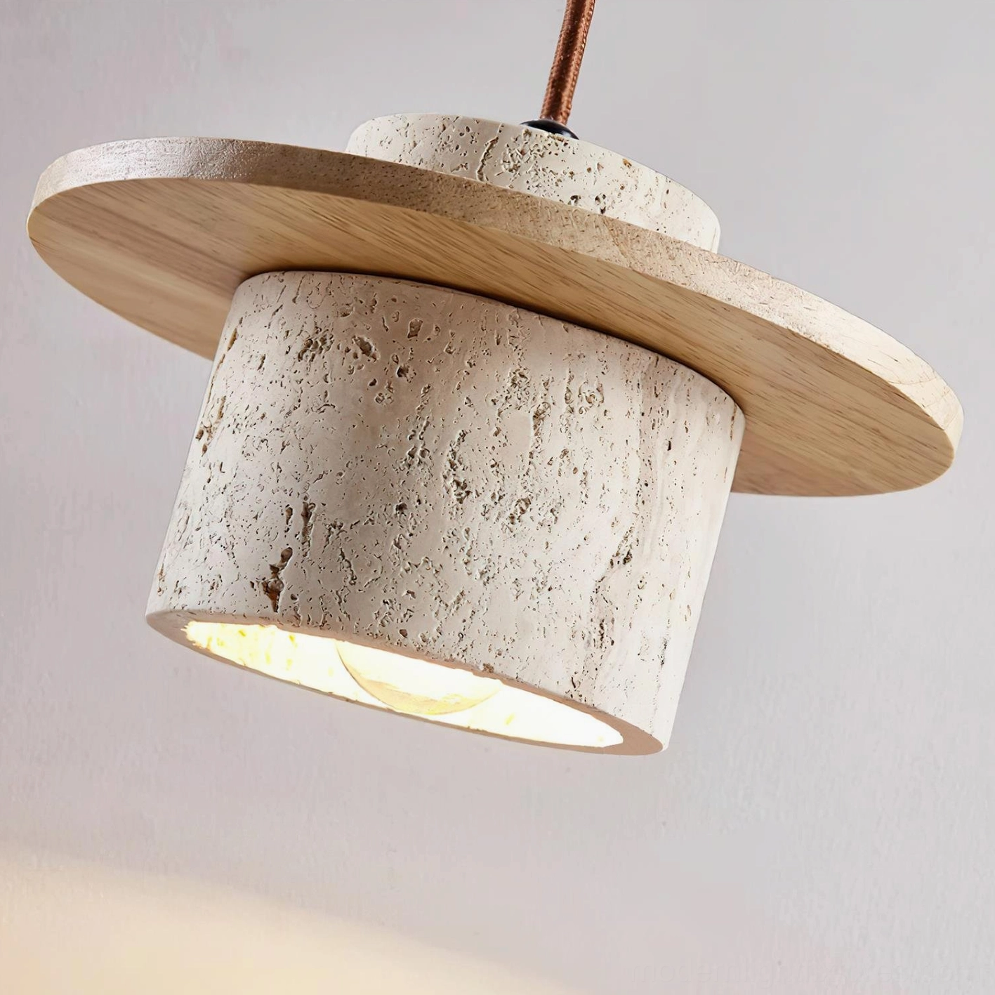 Travertine stone pendant hanging light, full-length view showing cord length and installation proportions in interior space